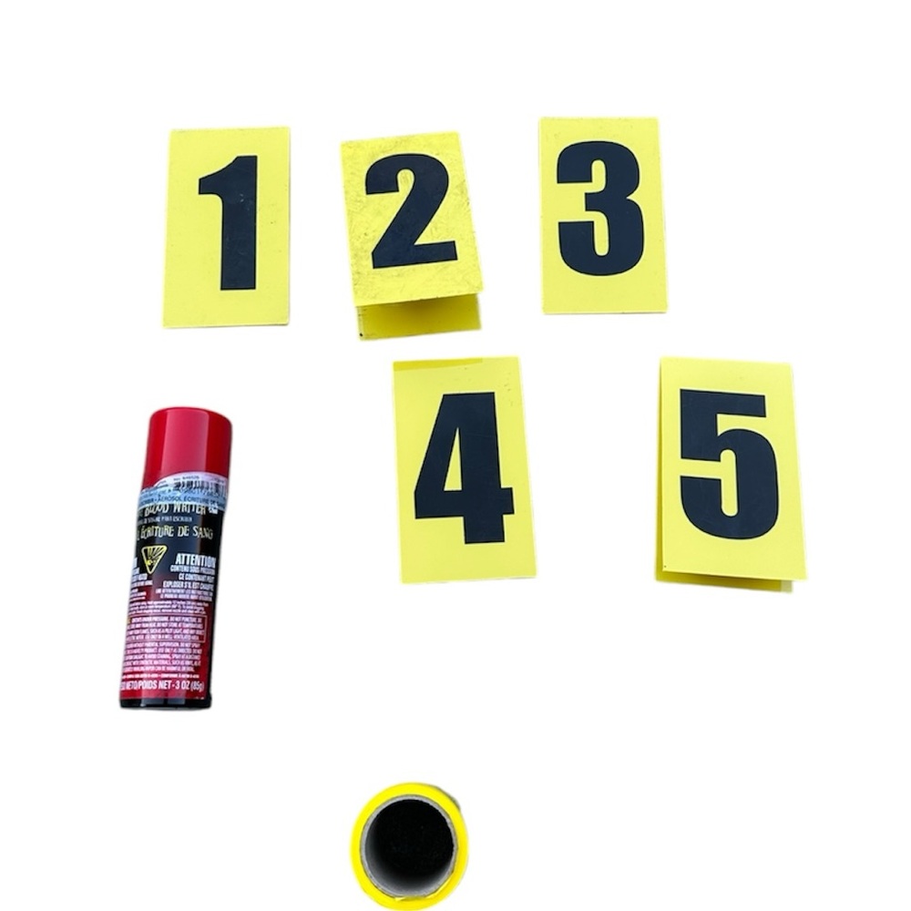 Halloween Decorations Yellow caution tape, evidence markers and fake blood spray